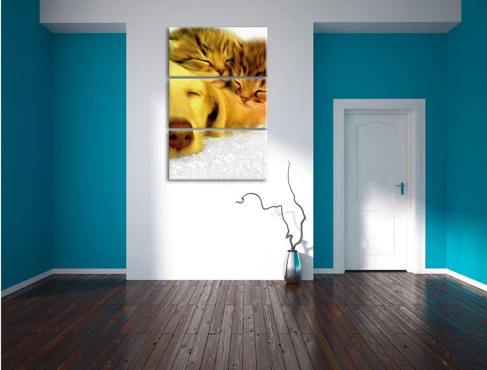Pixxprint Welpe kuschelt mit süssen Kätzchen als Leinwandbild/Grösse: 3 Teilig (120x80) cm/Wandbild/