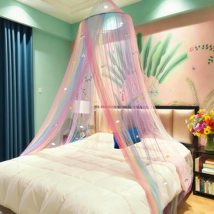 Eimilaly Prinzessin Regenbogen Betthimmel mit Einhorn Schloss leuchtet im Dunkeln, Betthimmel für Mä