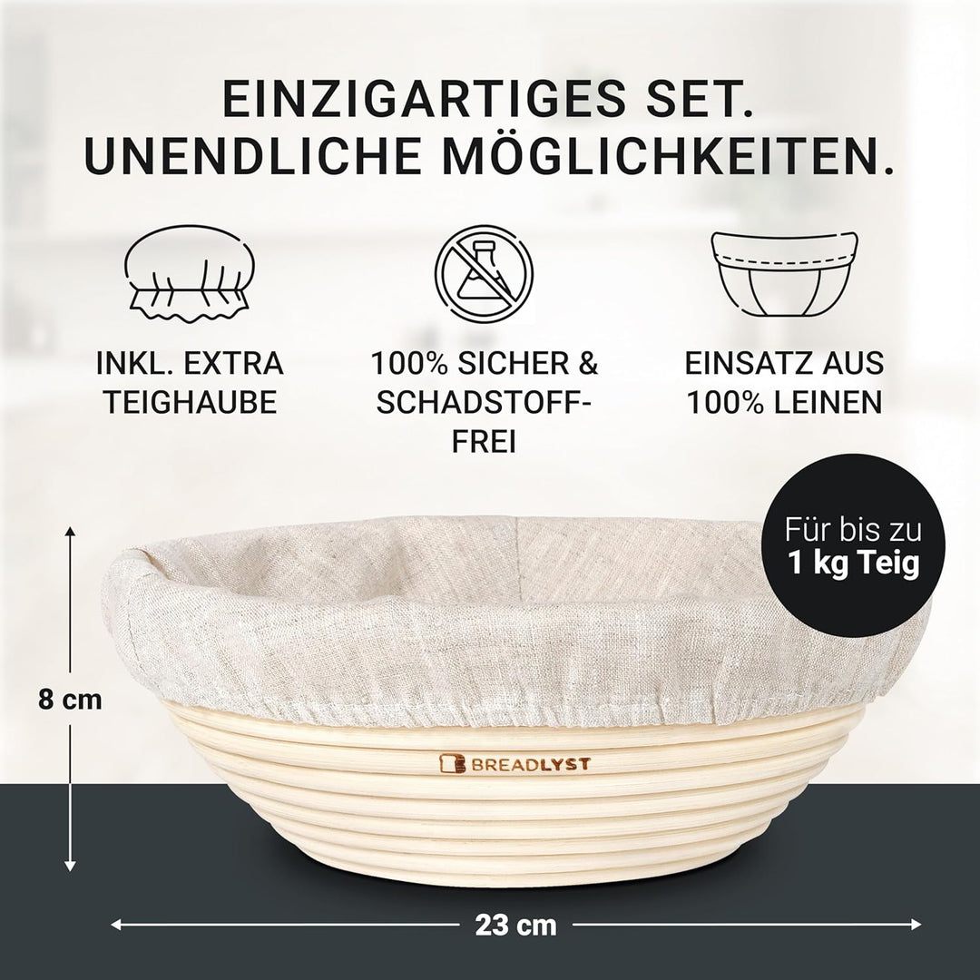 Rattan Gärkörbchen Set – Gärkorb Rund 23 cm mit waschbarem Leinenbezug und Abdeckhaube – Perfekt zum