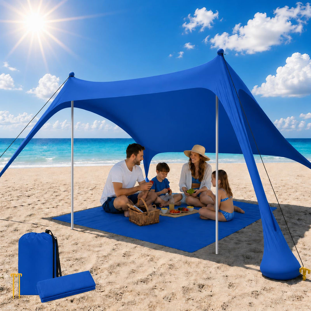 Strandzelt mit Strandmatte, LSF 50+ Hochschutz, 2x2x2m, inkl. Sandanker, Alu-Stangen & Tragetasche,