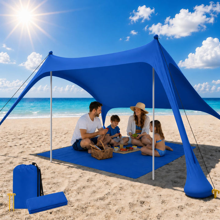 Strandzelt mit Strandmatte, LSF 50+ Hochschutz, 2x2x2m, inkl. Sandanker, Alu-Stangen & Tragetasche,