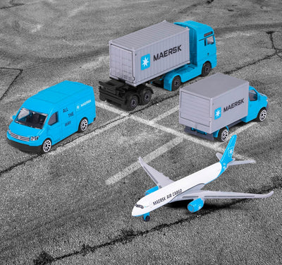 Majorette - Maersk Transport-Fahrzeuge (Geschenkset) - 4 Modellfahrzeuge aus Metall (Man Truck, Merc