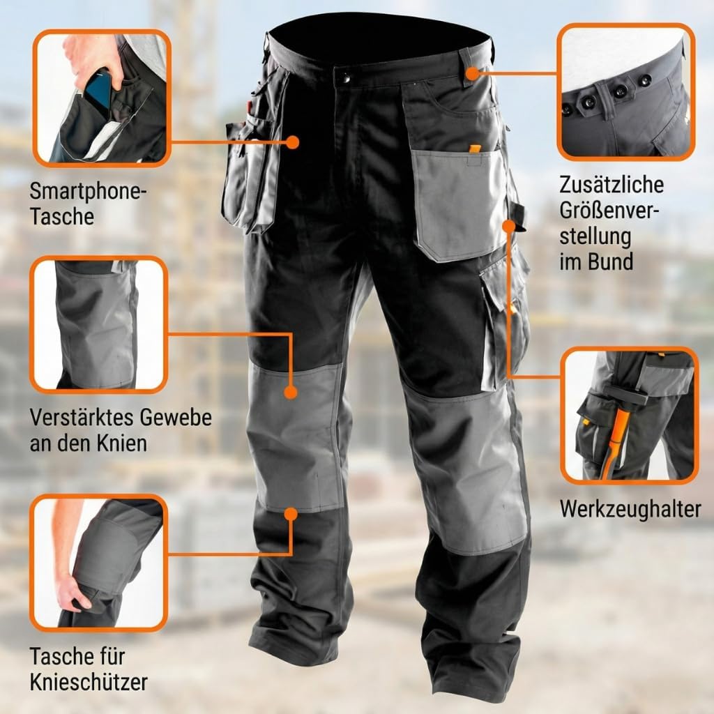 NEO TOOLS Profi Arbeitshose Multifunktion Bundhose, Sicherheitshose, Oxford-Stoffverstärkungen, vers