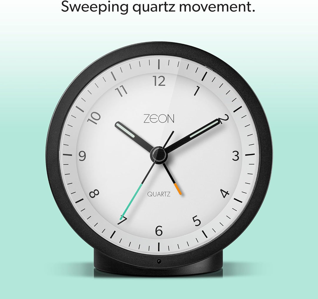 ZEON runder analoger Wecker mit Licht- und Schlummerfunktion, geräuschloser, batteriebetriebener Nac