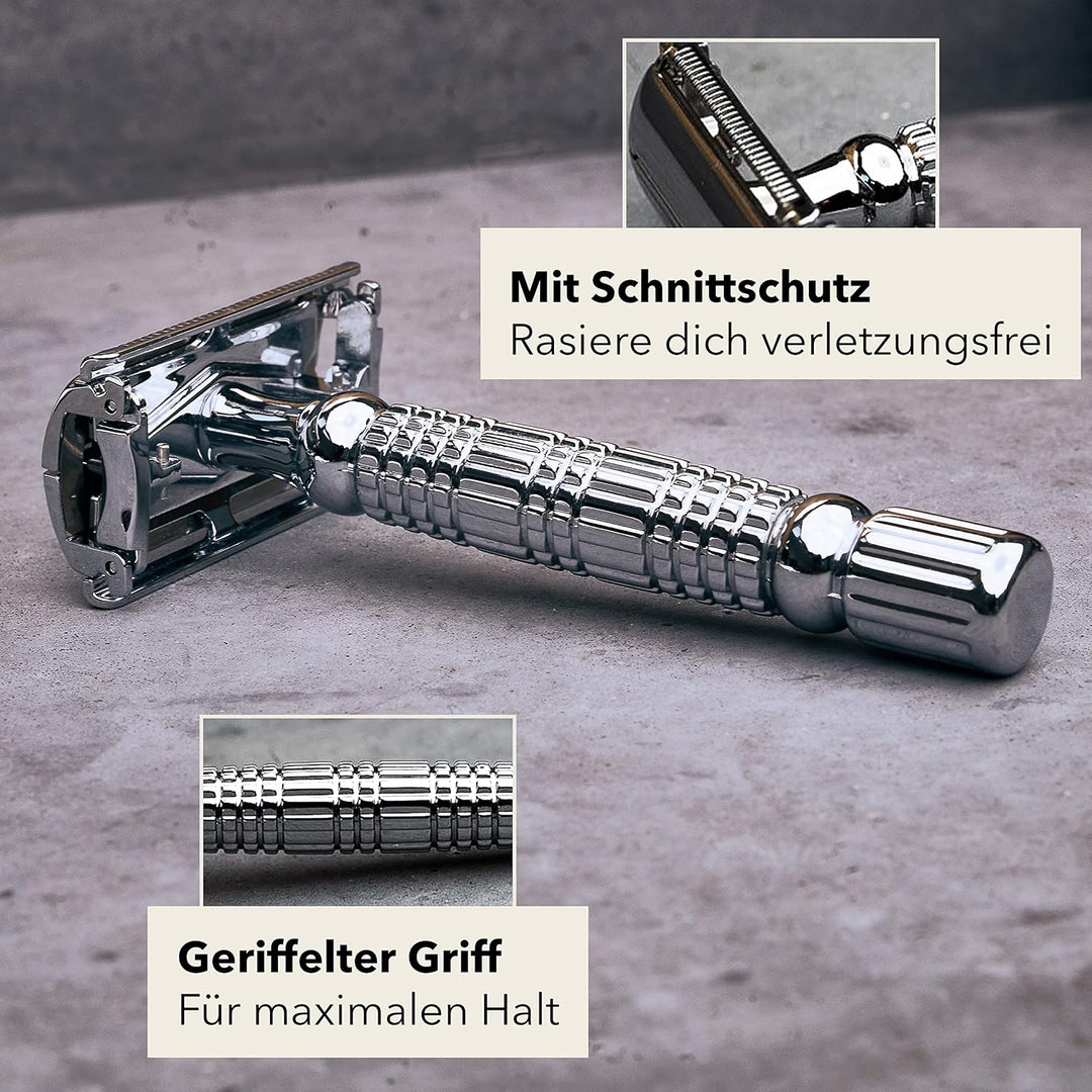 Störtebekker® Premium Rasierhobel Set für Herren im handgefertigten Lederetui - Rasierset mit Rasier
