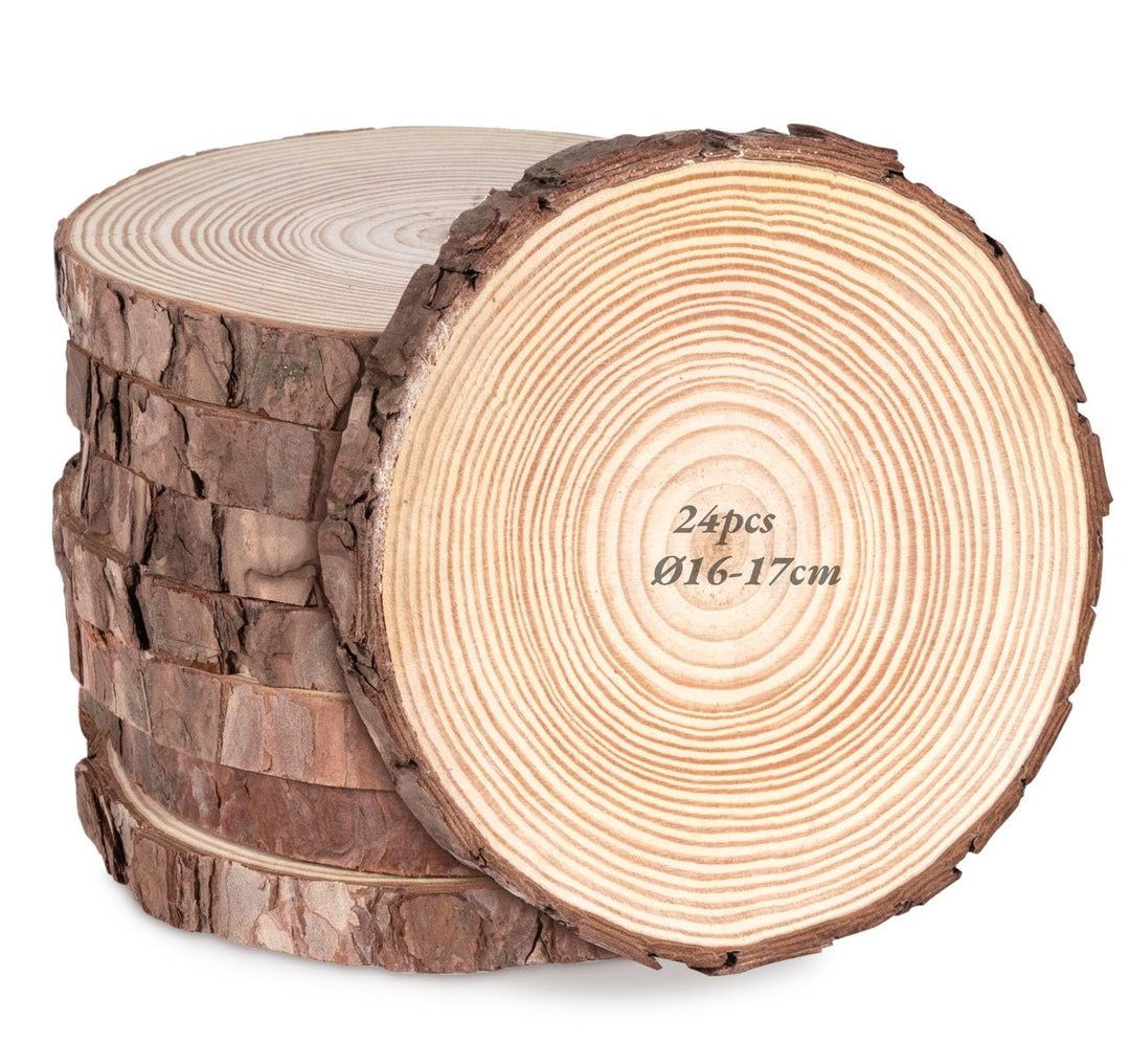 Rustikale Holzscheiben 16–17 cm mit Rinde, 24 Stück Naturholz Baumscheiben 15 mm Dick für Tischdeko,
