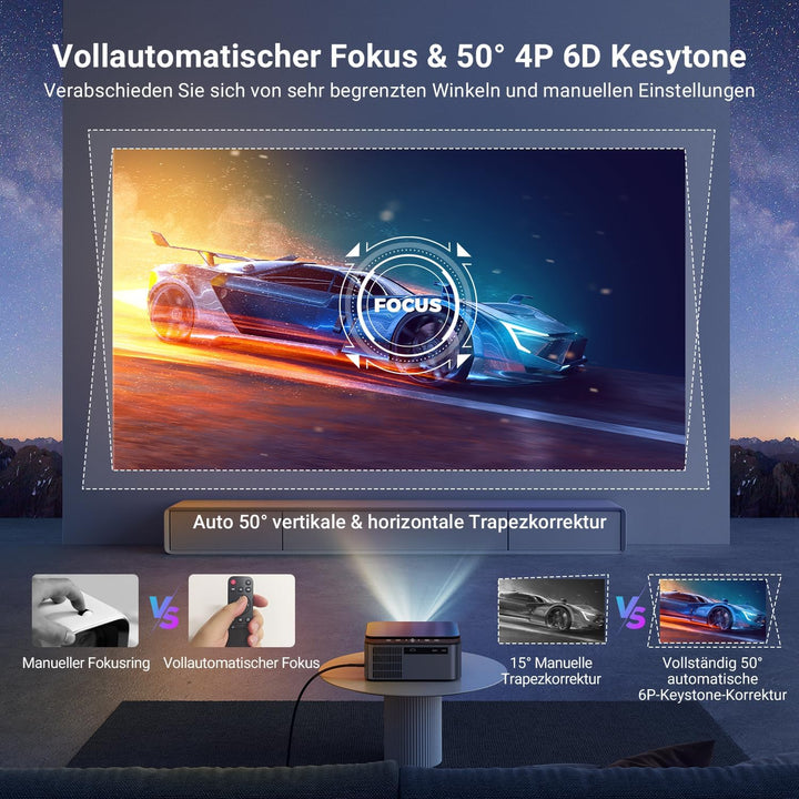 Beamer 4K Unterstützung, 25,000 Lux,Native 1080P, HDR 10,Smart Auto Focus, Heimkino Projektor, WiFi