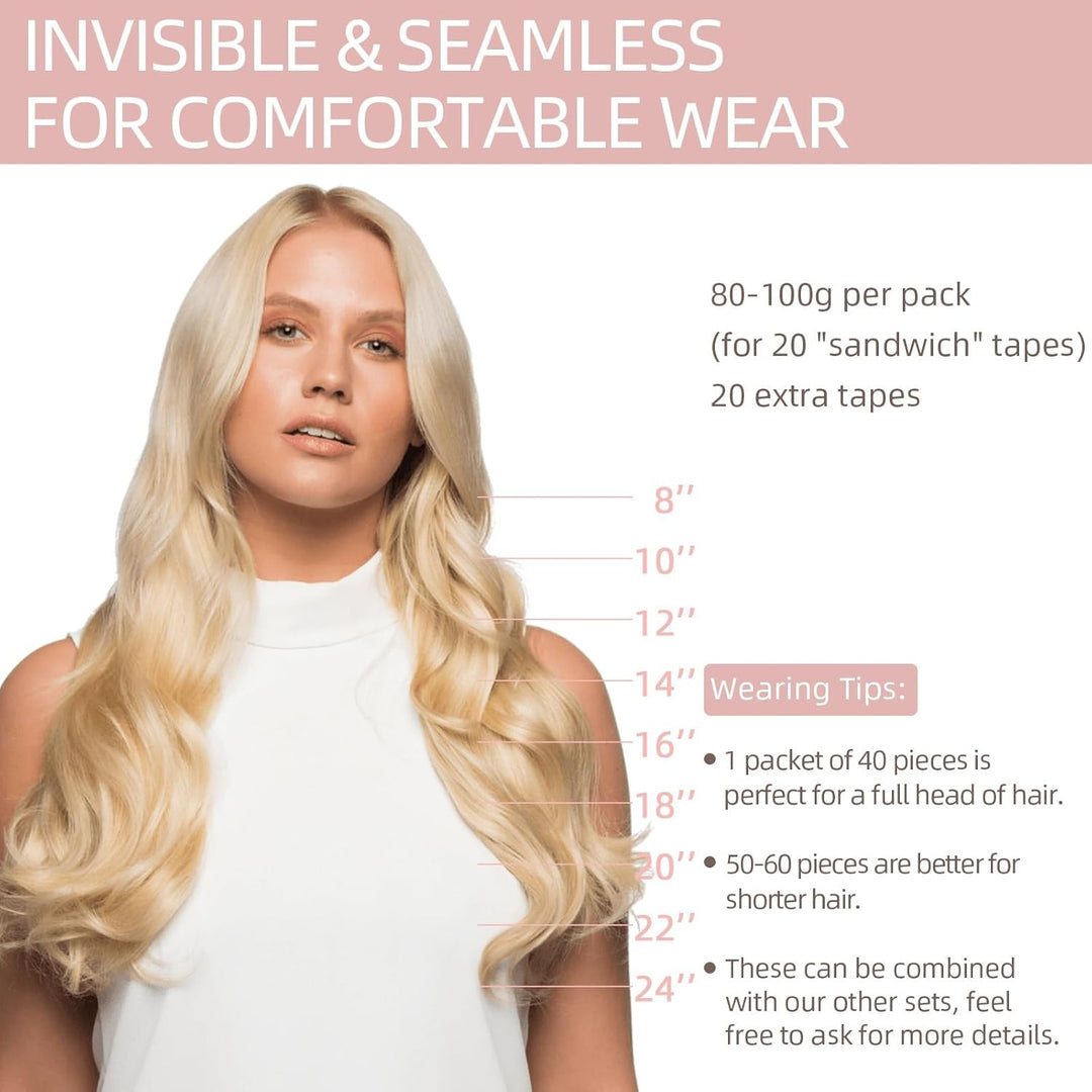 Silk-co Tape in Extensions Echthaar 40stk, Remy Tape Extensions Echthaar, Skin Weft Haarextensions K