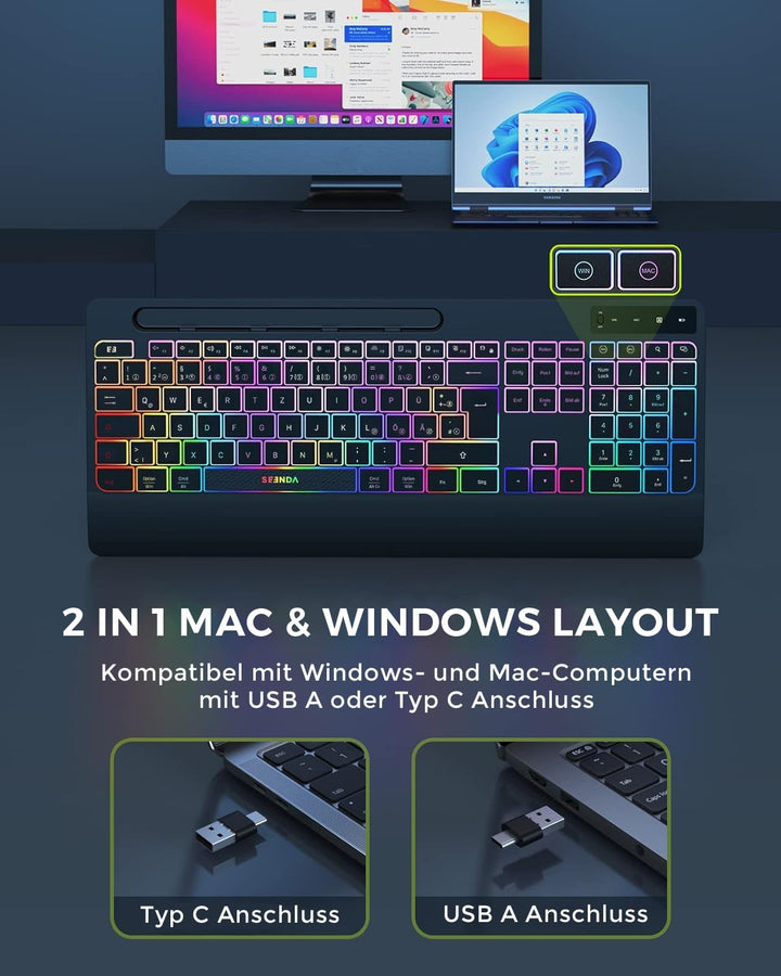 seenda JPX006 Tastatur Maus Set kabellos beleuchtet, wiederaufladbare USB &amp; Typ C Funktastatur mit M