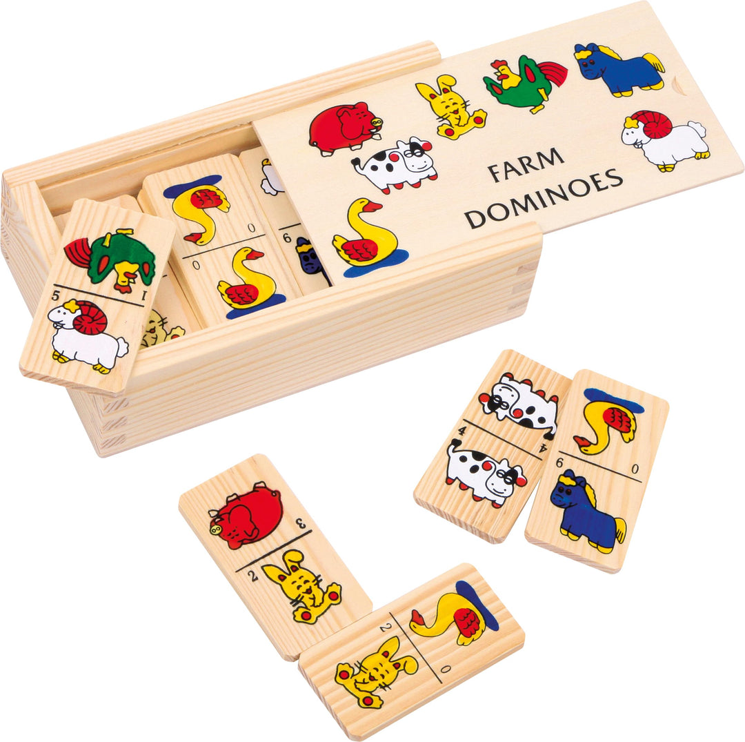small foot Domino „Farm“ aus Holz, mit Bauernhof-Tiermotiven, in Holzbox mit Schiebedeckel, ab 3 Jah