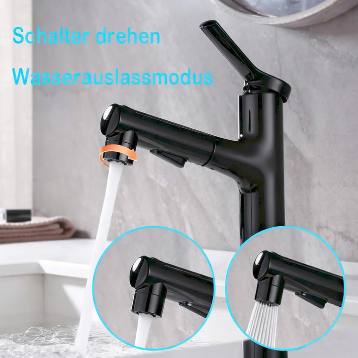 Wasserhahn Bad Ausziehbar, Ausziehbare Waschtischbatterie mit 2 Sprühmodi heiss und kalt Zweifach-Re