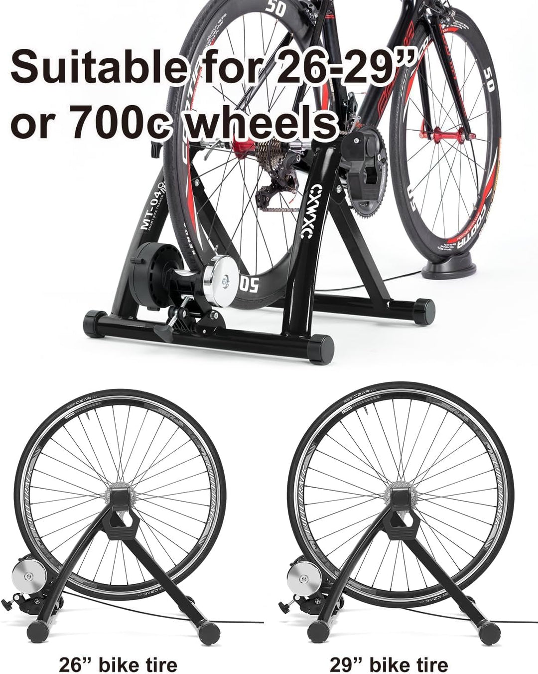 CXWXC Fahrrad Rollentrainer, Klappbar Stahl Bike Trainer mit Schnellspanner Vorderradunterlage Radtr