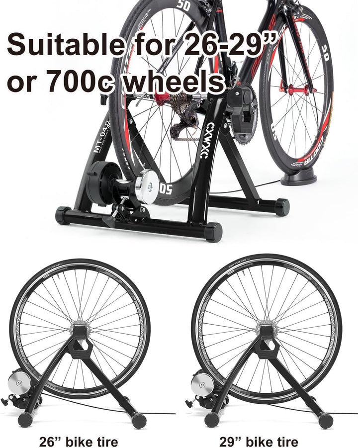 CXWXC Fahrrad Rollentrainer, Klappbar Stahl Bike Trainer mit Schnellspanner Vorderradunterlage Radtr