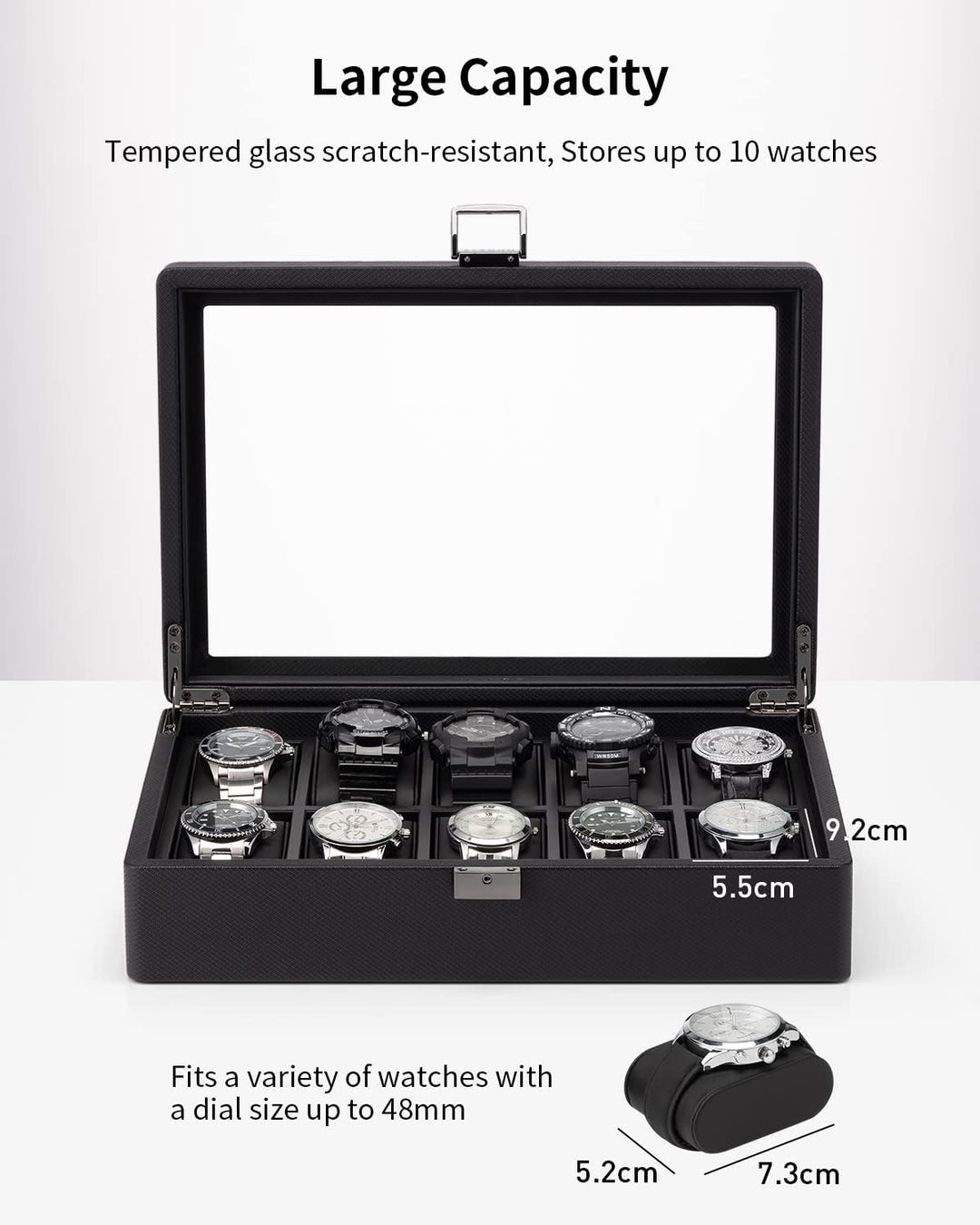 Vlando Uhrenbox mit 10 Fächern, Uhrenkasten mit Glasdeckel, Uhrenaufbewahrung Herren, Uhrenvitrine m