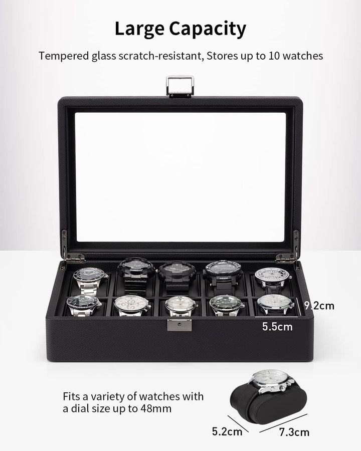 Vlando Uhrenbox mit 10 Fächern, Uhrenkasten mit Glasdeckel, Uhrenaufbewahrung Herren, Uhrenvitrine m