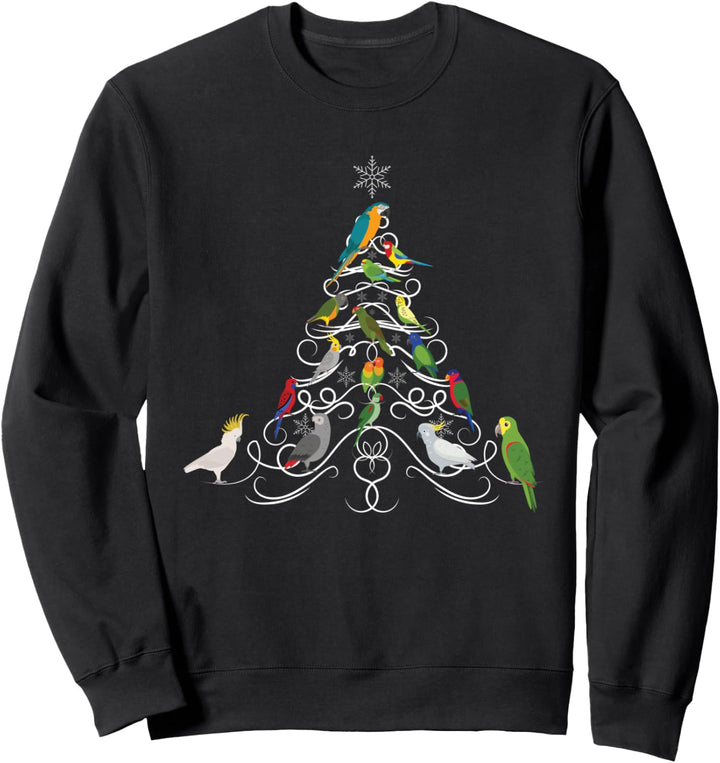 Cartoon Papageienherde, Schneeflocken-Weihnachtsbaum Sweatshirt