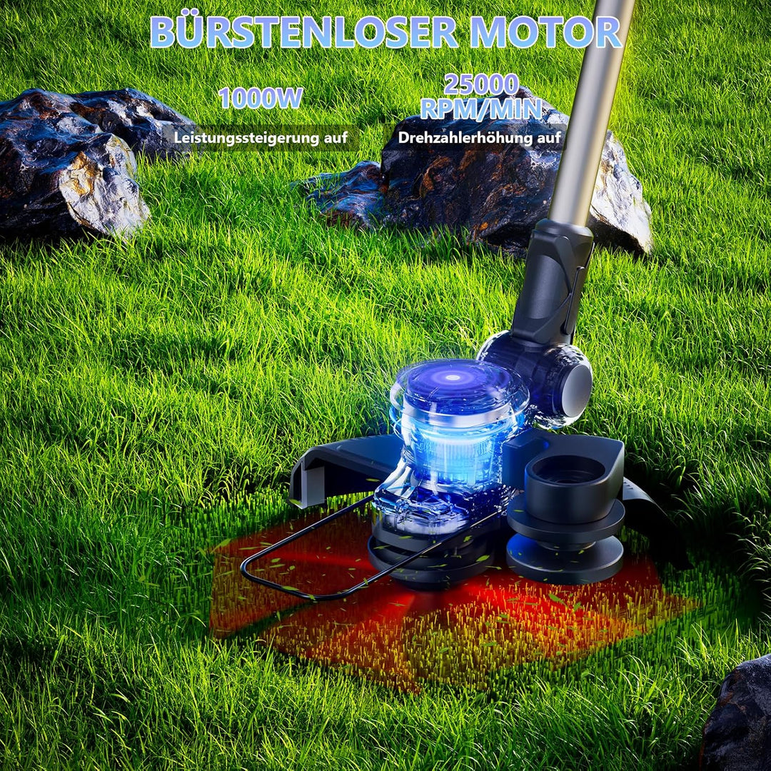 Rasentrimmer mit Akku 21V 1000W Bürstenloser Motor 3-in-1-Rasentrimmer, mit Akku 2 x 4000mAh mit 90°