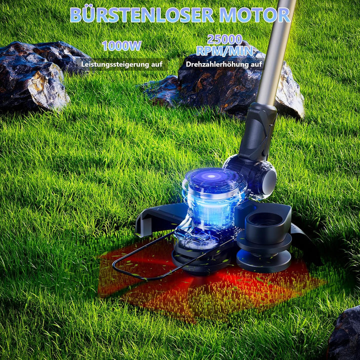 Rasentrimmer mit Akku 21V 1000W Bürstenloser Motor 3-in-1-Rasentrimmer, mit Akku 2 x 4000mAh mit 90°