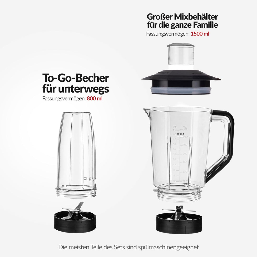 LEHMANN Standmixer & Smoothie Maker 2-in-1, Mixbehälter 1500 ml und To-Go-Trinkflasche 800 ml, 4 Ges