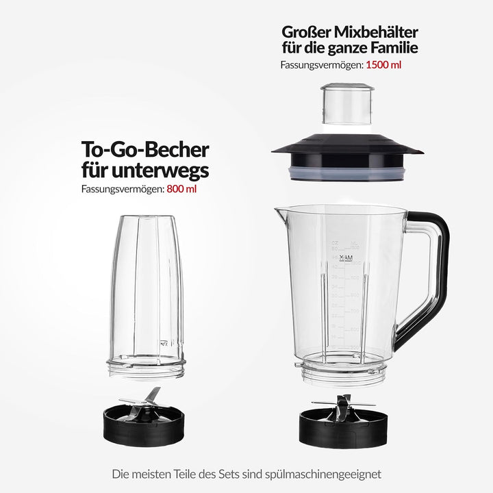 LEHMANN Standmixer & Smoothie Maker 2-in-1, Mixbehälter 1500 ml und To-Go-Trinkflasche 800 ml, 4 Ges