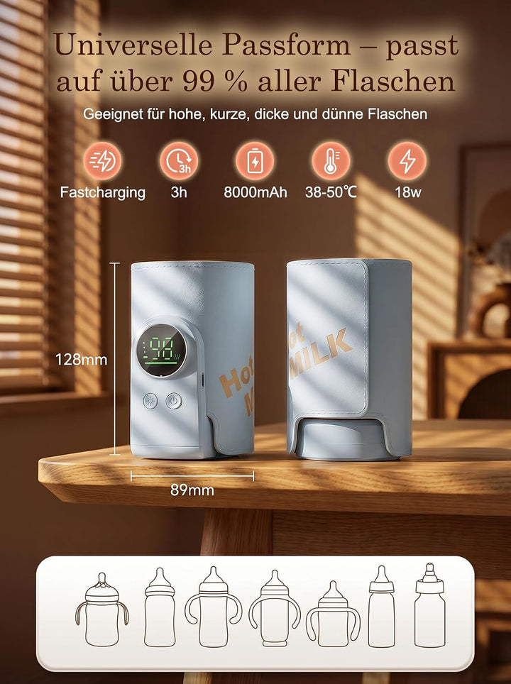 Drahtloses Milchwärmer, mit LED Temperaturdisplay 8000mAh Flaschenwärmer Baby Unterwegs 6 stufige Sc