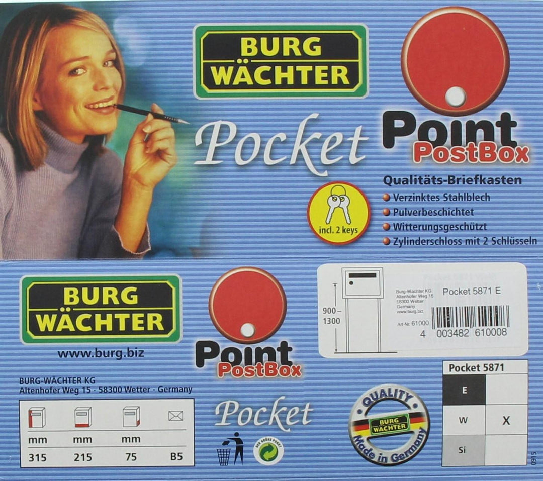 Burg-Wächter, Anlagenbriefkasten, A5 Einwurf-Format, Verzinkter Stahl, Pocket 5871 E, Eisen Stahl Ei