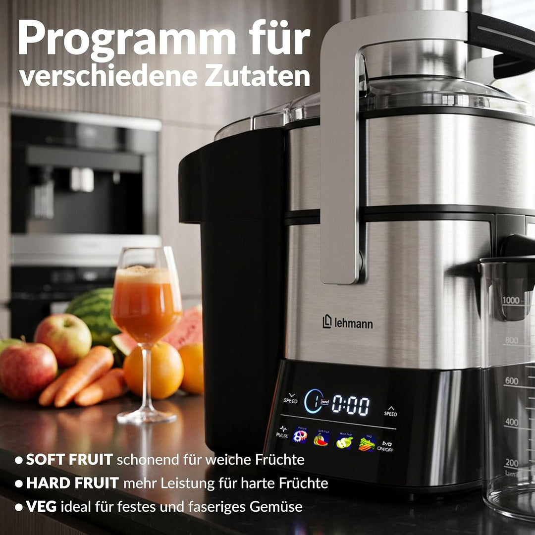 LEHMANN Entsafter für Obst und Gemüse, Edelstahl, XXL Einfüllschacht 80 mm, LED-Touchscreen, 6 Gesch