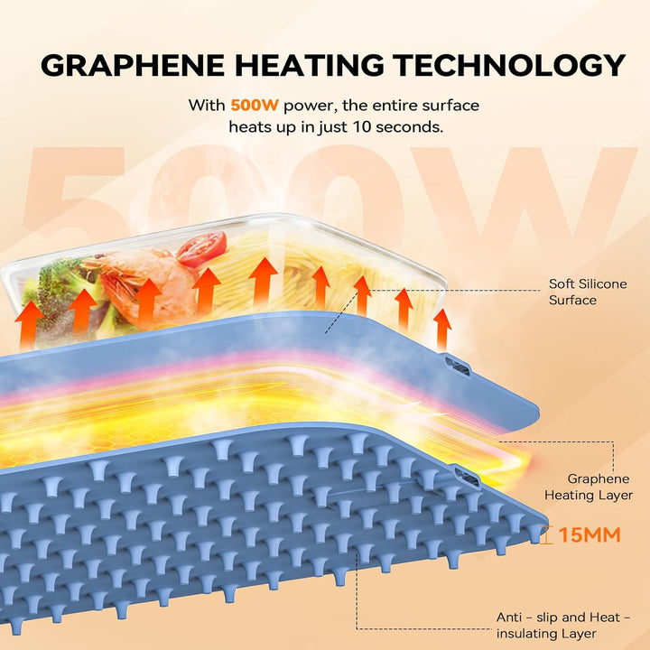 Warmhalteplatte Elektrisch mit Graphen Heizung | 6-stufige Temperaturregelung (50-100°C) & 6h Timer,