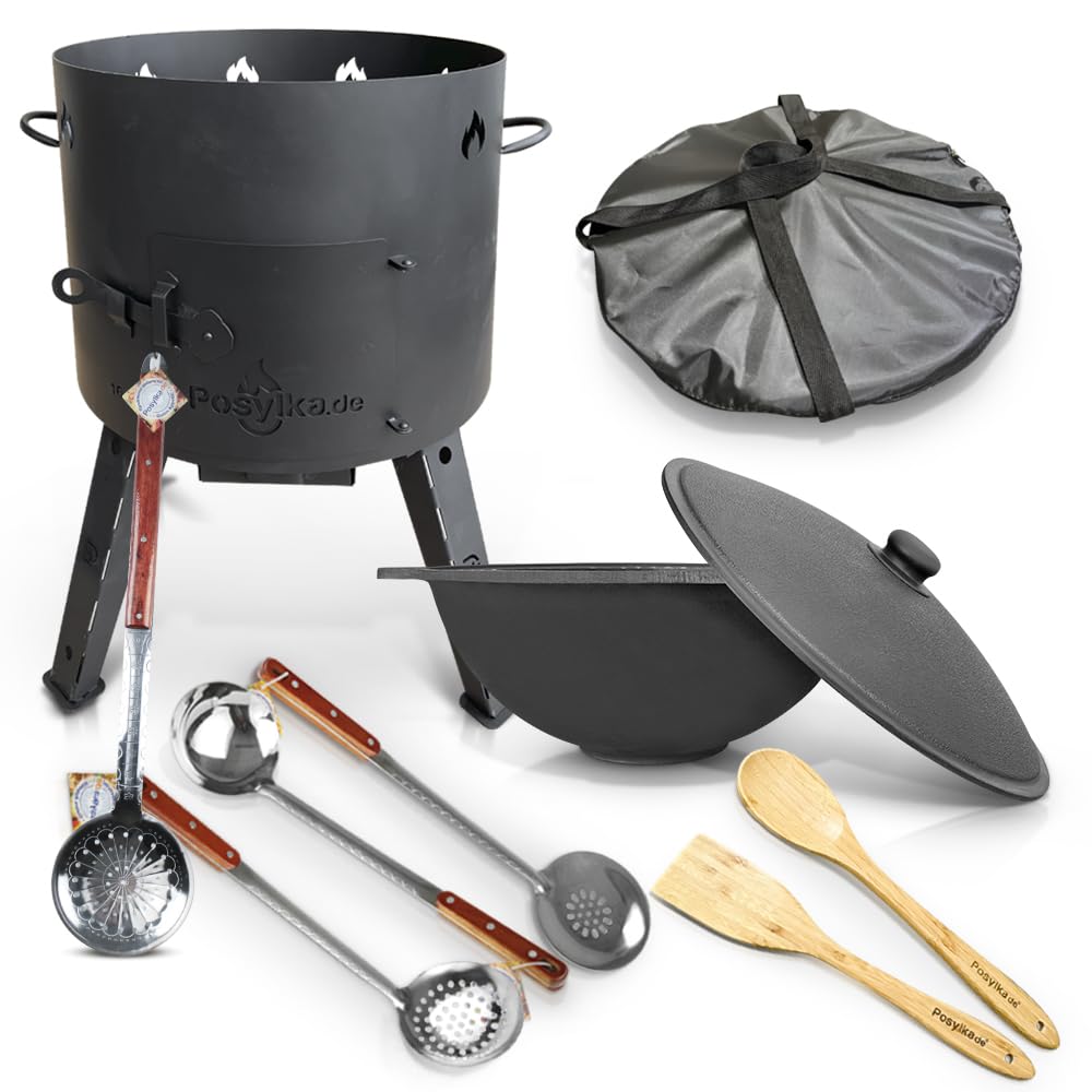 Utschak Feuerofen mit Gusseisen Topf flacher Boden mit Deckel 16 L Ø 44 cm Kazan Schaumlöffel Abdeck