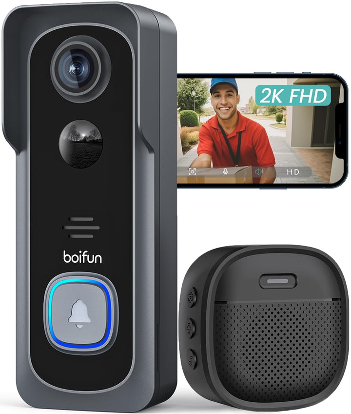 BOIFUN 2K HD Video Türklingel mit Kamera, Funkklingel Set, Kabellos Klingel Haustür Aussen - 166° Bl