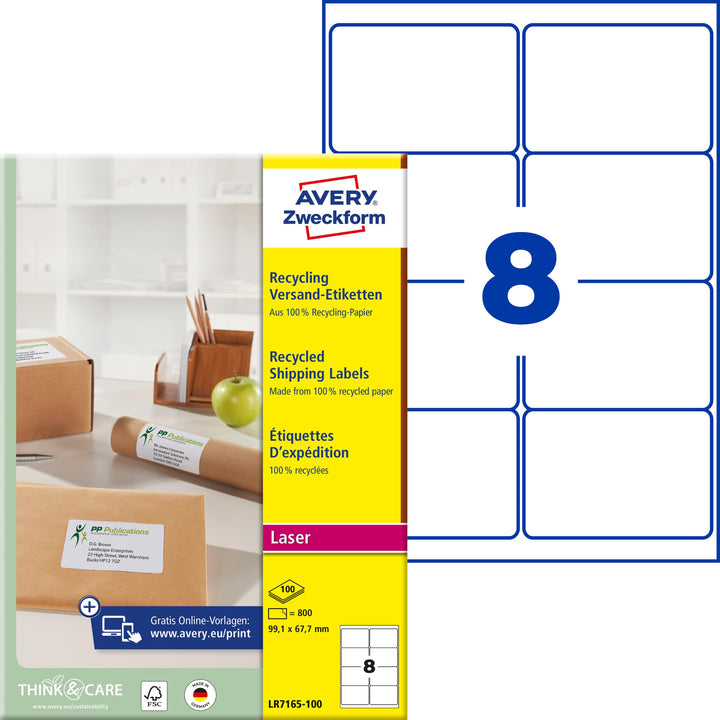 AVERY Zweckform LR7165-100 Recycling Etiketten (800 Versandetiketten, 99,1x67,7mm auf A4, 100% recyc