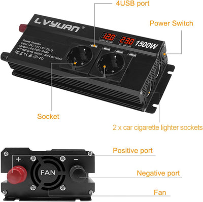 Yinleader Wechselrichter 12V 230V 1500W Spannungswandler mit 2 Steckdose und 4 USB 2 LED 1500Schwarz