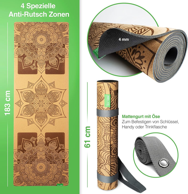 BACKLAxx ® Kork Yoga Matte mit Naturkautschuk – Nachhaltige Yogamatte rutschfest schadstofffrei mit