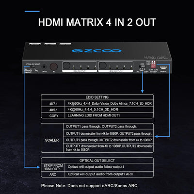 HDMI Matrix 4 in 2 Out 4K 60Hz 4:4:4 ARC HDR D-olby Vision Atmos SPDIF 5.1CH Breakout 3.5mm Stereo H