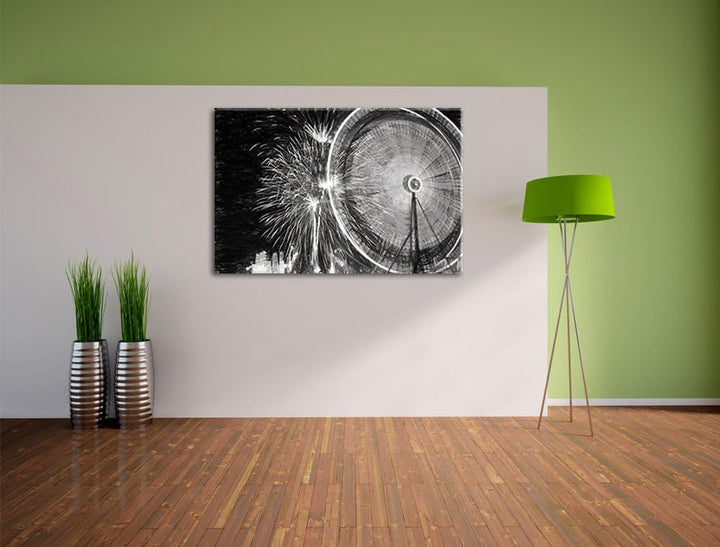 Pixxprint Jahrmarkt mit Feuerwerk / 100x70cm Leinwandbild bespannt auf Holzrahmen/Wandbild Kunstdruc