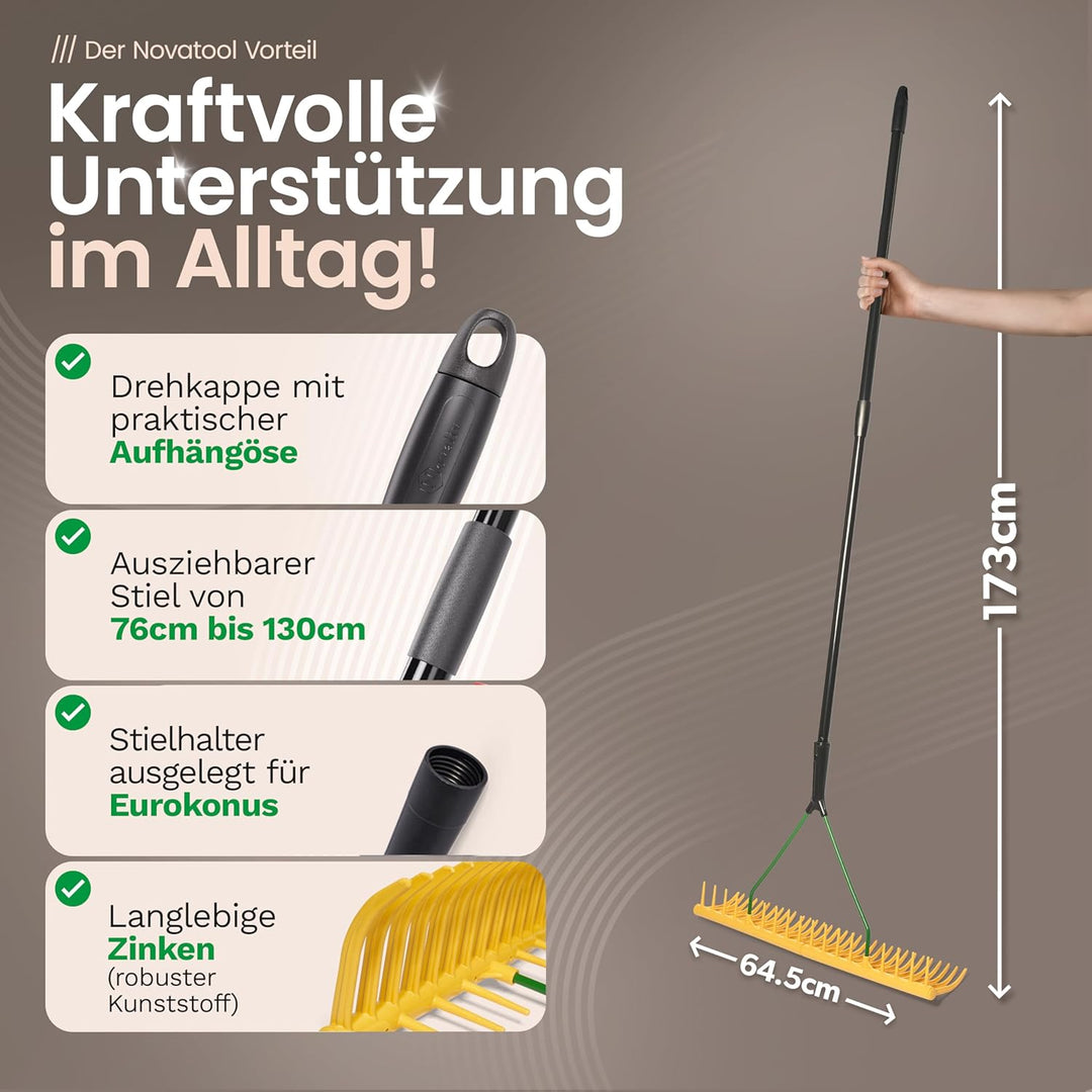 Novatool Gartenrechen mit Grasfang-Vorrichtung, 32 Zinken und Teleskop-Stiel bis 152cm, Arbeitsbreit