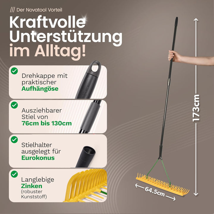 Novatool Gartenrechen mit Grasfang-Vorrichtung, 32 Zinken und Teleskop-Stiel bis 152cm, Arbeitsbreit