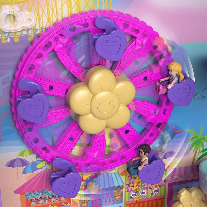 Polly Pocket Pollyville Urlaub im Rollkoffer - 4 Puppen, 1 Fahrzeug, 25+ Zubehörteile, Strand, Prome