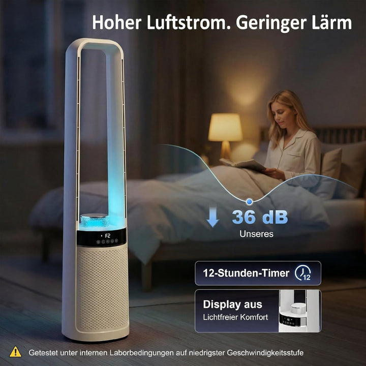 HOMCOM Turmventilator ohne Rotorblätter, Leise Standventilator mit 45°-Oszillation, LED-Leuchte, 3 G