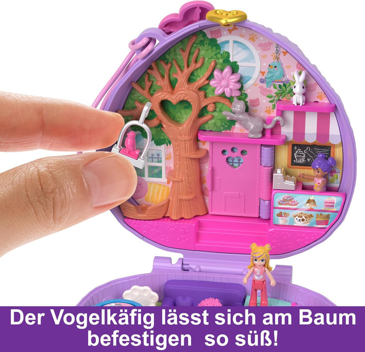 Polly Pocket Igel-Café Schatulle - Spielset mit 2 Puppen, 12 Accessoires und 9 Tieren, drehendes Ige