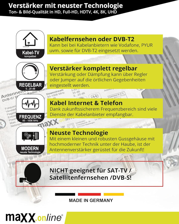 maxx.onLine Antennenverstärker für Kabelfernsehen 33 dB Verstärkung mit Rückkanal 1 GHz, DVB-T2, Hau