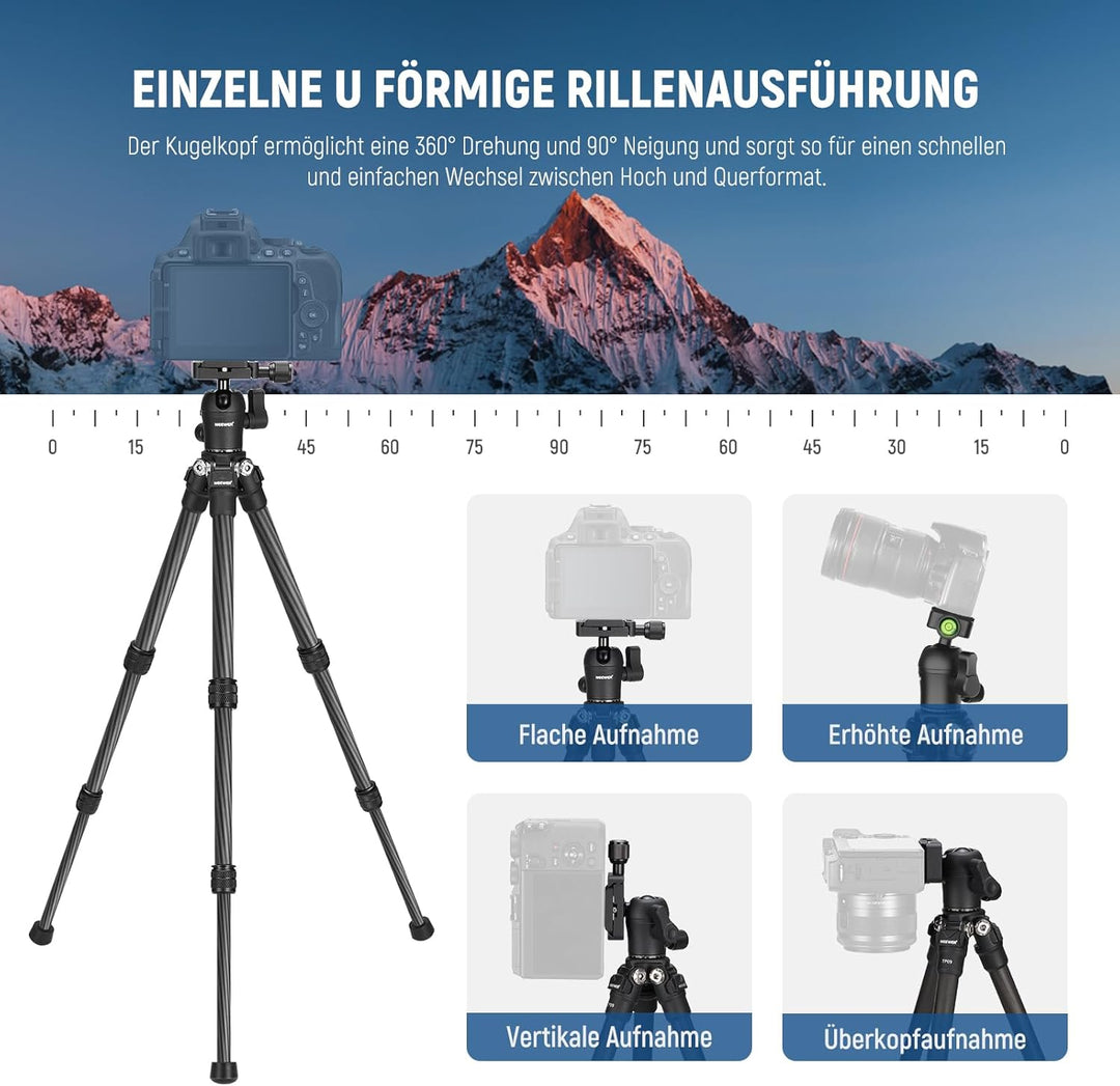 NEEWER TP09 Carbon Fiber Mini Stativ, 20“ Tischstativ mit 360° Kugelkopf, Telefonhalter, Fernbedienu