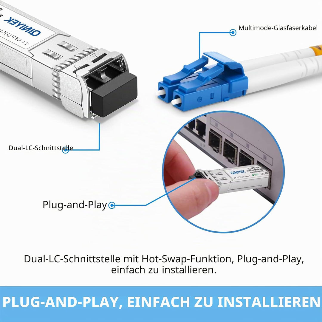 QINIYEK 10GBase-SR SFP+ Transceiver, 10G Multimode SFP+ LC-Modul, 850 nm MMF, bis zu 300 m, kompatib