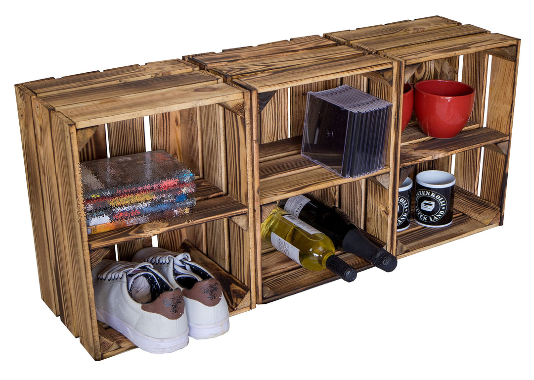 Holzkiste Bella geflammt40 x 30 x 25cm Weinablage Weinaufbewahrung Kindeschuhregal Bücherregal Ablag