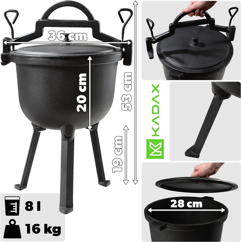 KADAX Jagdkessel, Gusseisen Kochtopf mit Füssen, Schmortopf aus Gusseisen, Dutch Oven für Garten, La