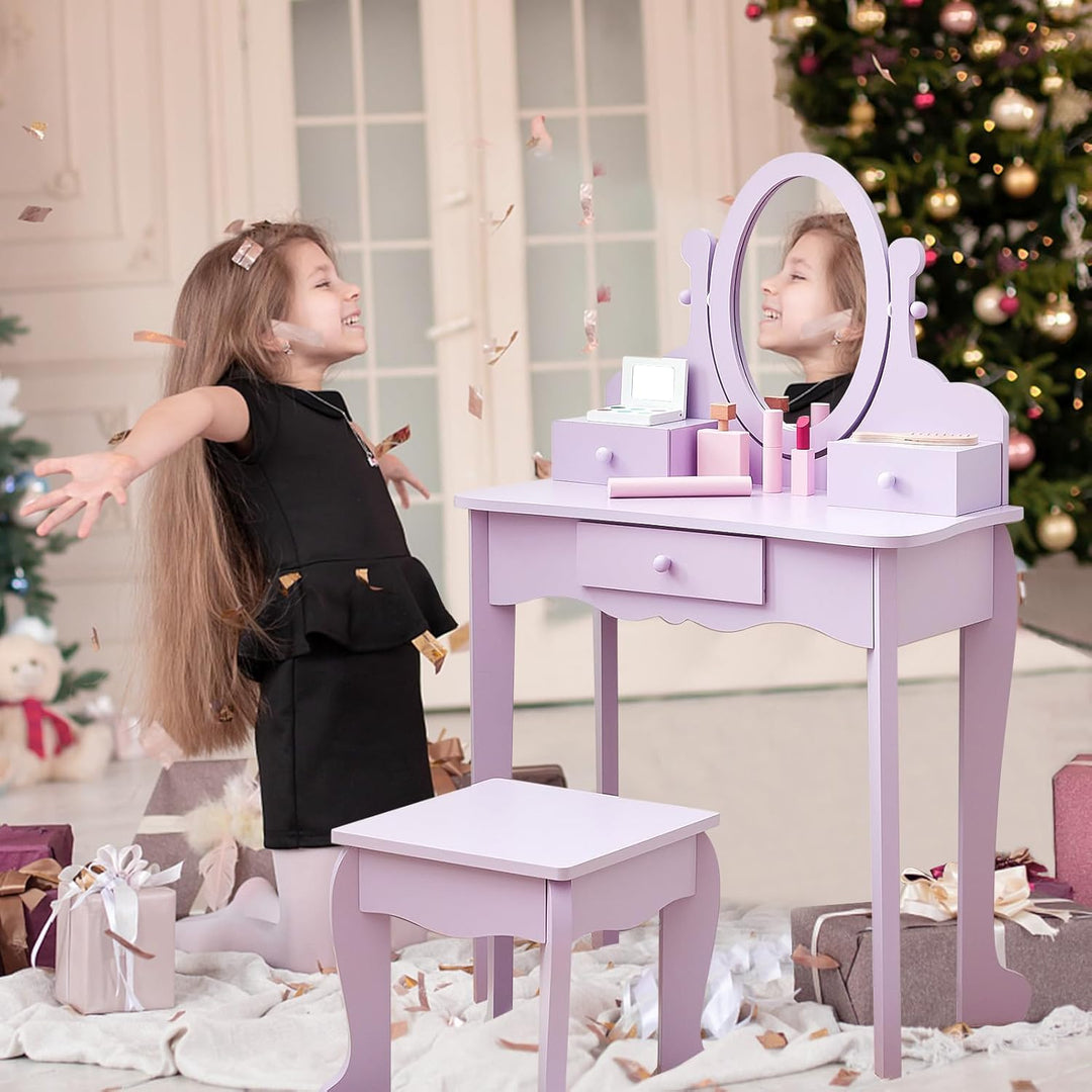 Garvee Prinzessin Schminktisch Set für Kinder aus Holz mit Spiegel & Hocker – Mit Schublade und Stuh