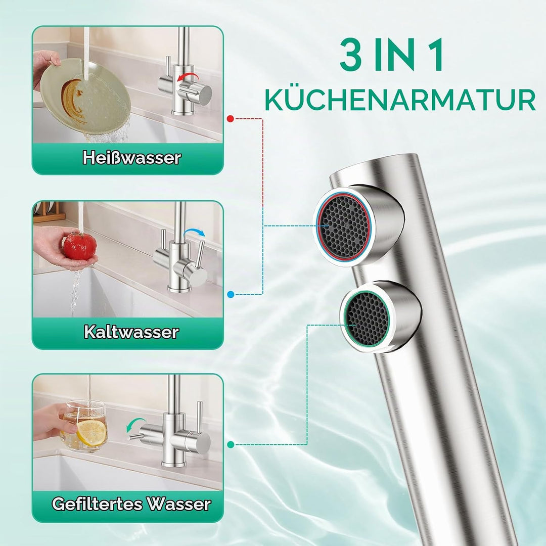 CREA 3 Wege Wasserhahn Küche Edelstahl, 360° Drehbar Küchenarmatur, 3 in 1 Mischbatterie Küche für W