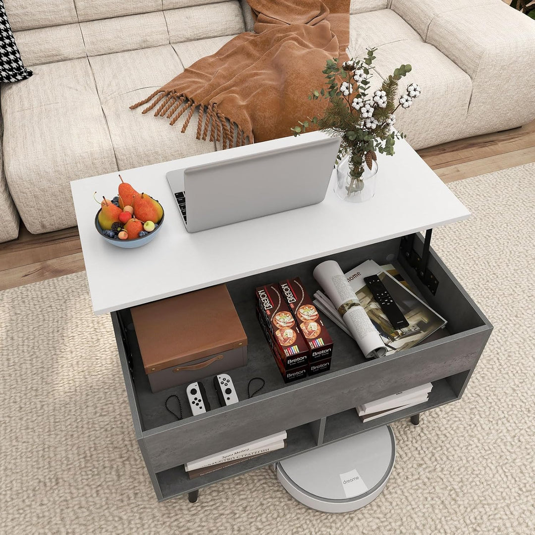 COSTWAY Couchtisch höhenverstellbar, Sofatisch mit anhebbarer Tischplatte & 2 offenen Regalen, auszi
