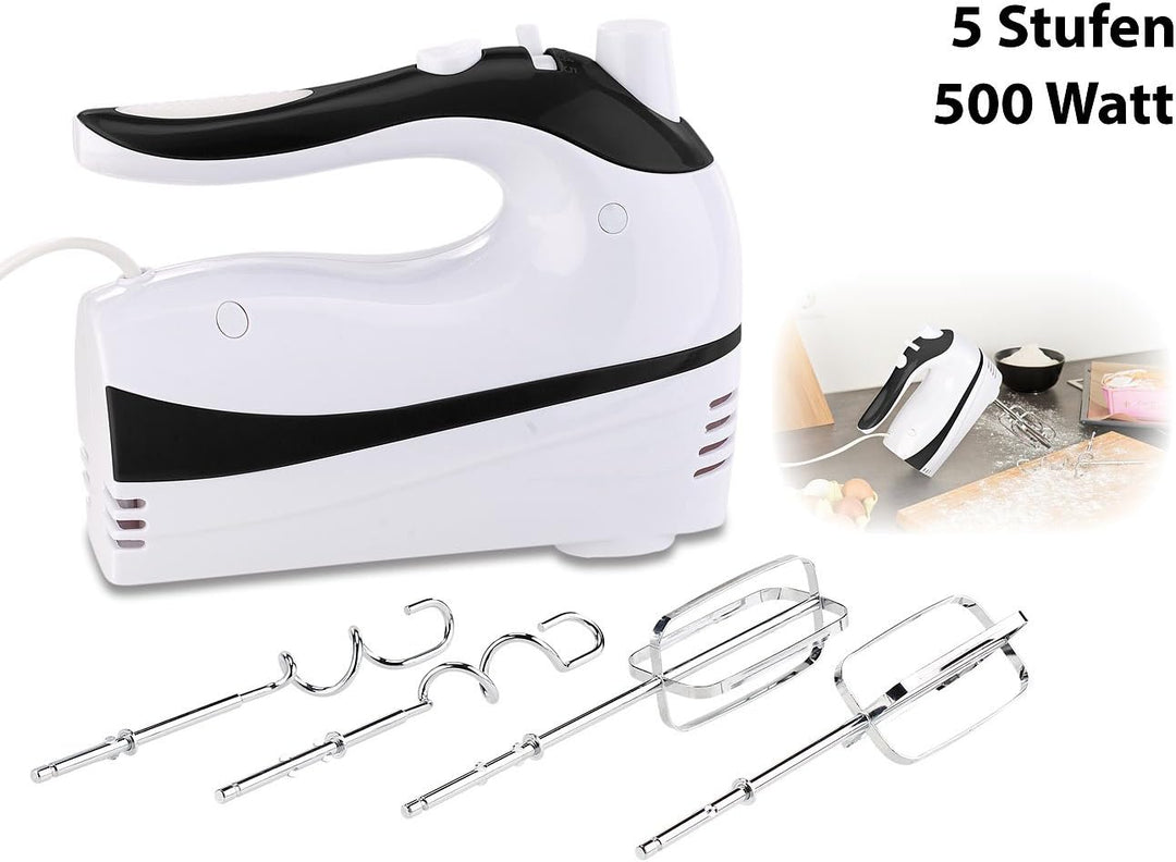 Rosenstein & Söhne Handmixer: Handrührer mit 5 Geschwindigkeiten & Turbo, 4 Haken, bis 500 Watt (Rüh