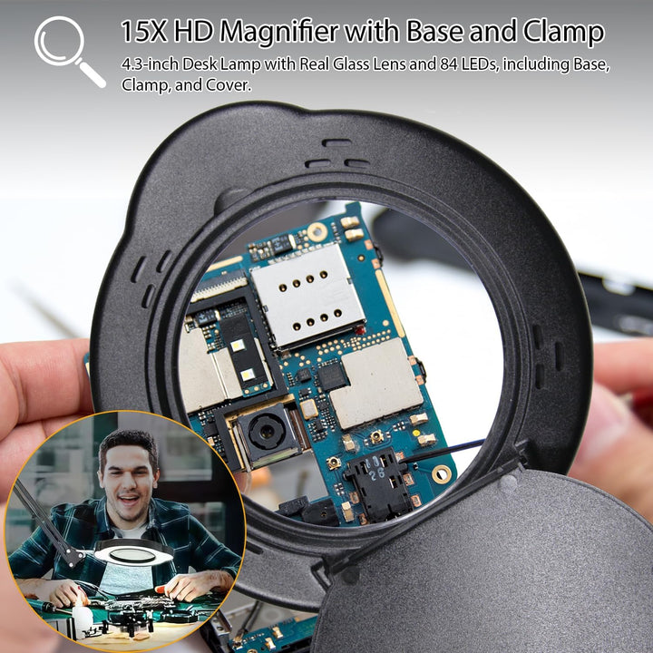 15X Magnifying Glass with Light and Clamp, LED Magnifying Lamp with Base, 5 Color Modes & 10 Brightn